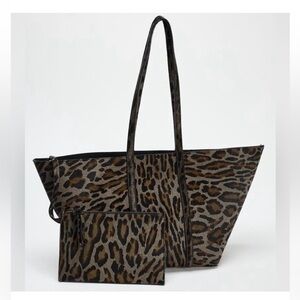 NWT Zara Animal Leopard Print Leather Tote and Wristlet Set